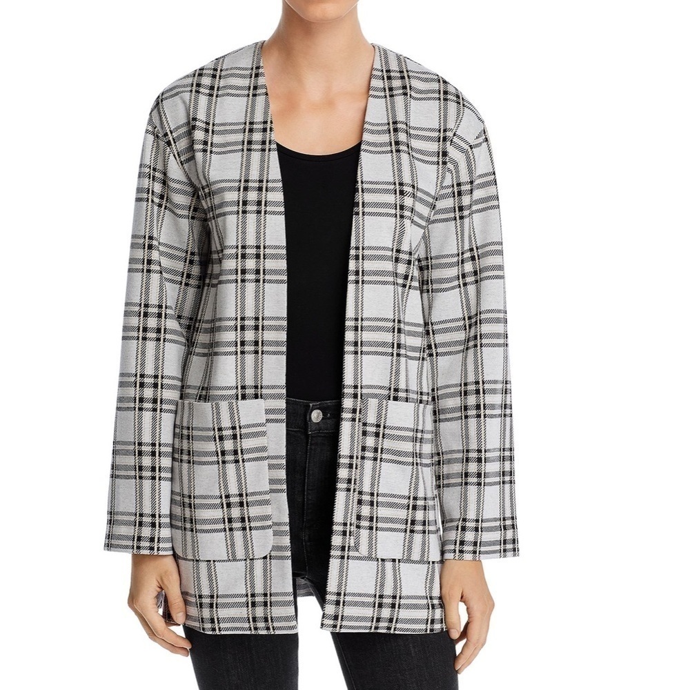 BAGATELLE COLLECTION Plaid Open-Front Cardigan Jacket In Grey White Pink L